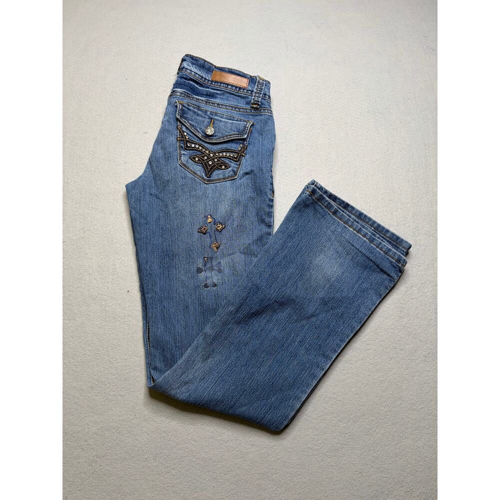 Southpole Women’s Distressed Flare Jeans Size 3 Blue Denim Studded Y2K 28x31
